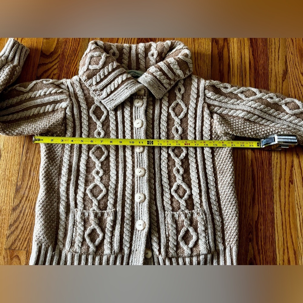 Aran Crafts Cable Knit Cardigan - Cream and Brown -  All Wool - Made in Ireland - Picture 6 of 9